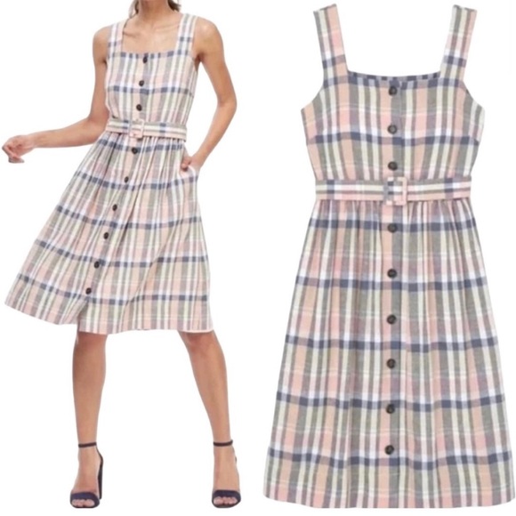 NWT Gal Meets Glam Peyton Checkered Button Front Linen Blend Dress - Picture 1 of 11
